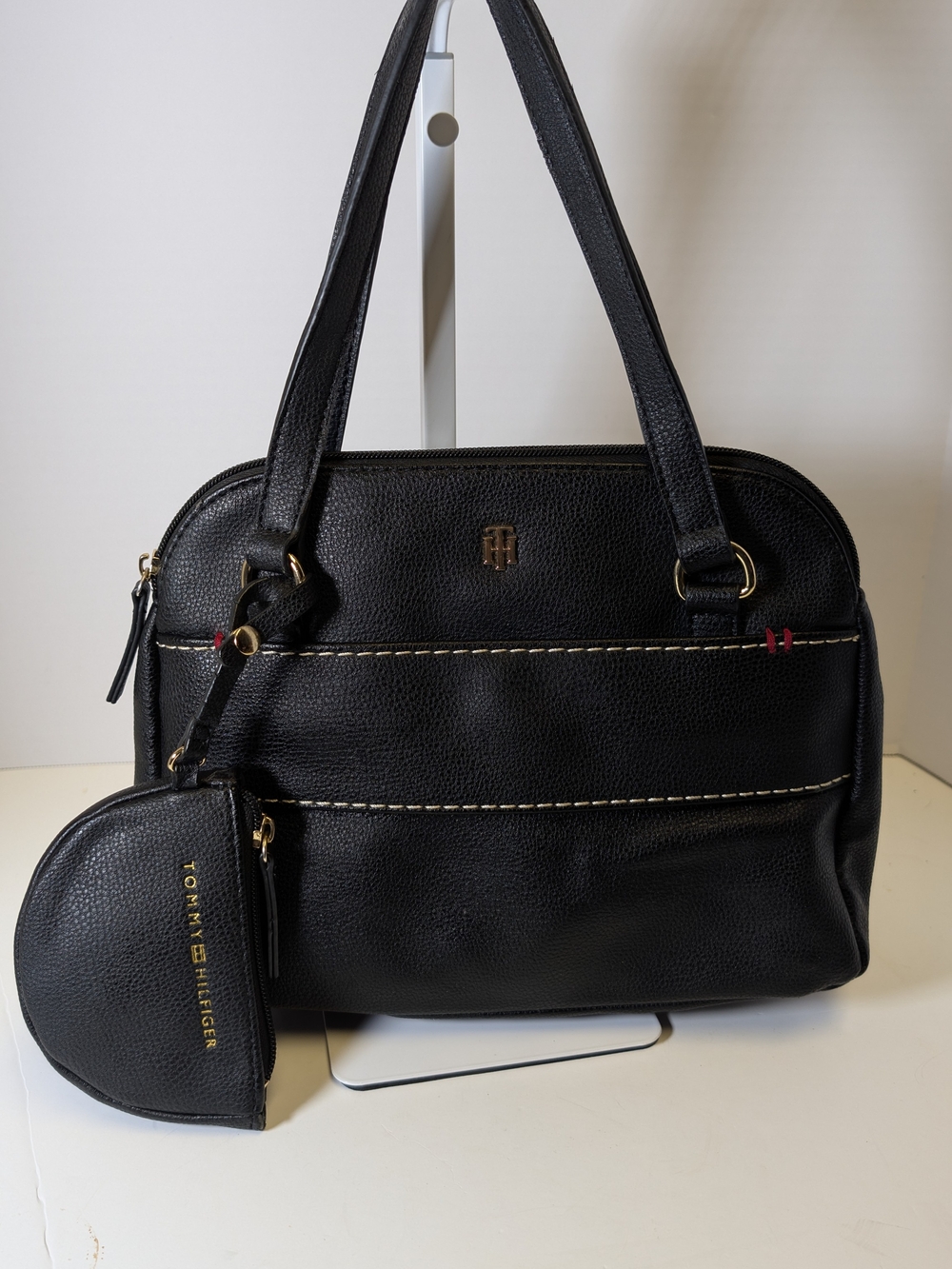 Tommy Hilfiger Black Pebbled Leather Tote with Coin Pouch